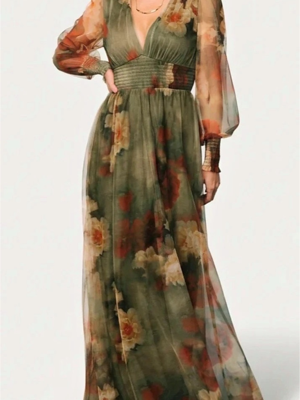Baltic Born Layla Tulle Floral Maxi Dress in Olive/Rust Mother of The Bride L